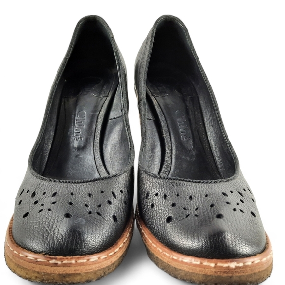 CHLOE Crepe Sole Welted Black Pumps Perforated Rubber Platform Chunky Heel 10 - Picture 3 of 12